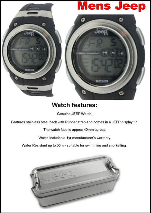MENS JEEP WATCH 5 ATM DIGITAL SPORT RUBBER STRAP - BLACK Face RRP 1395
