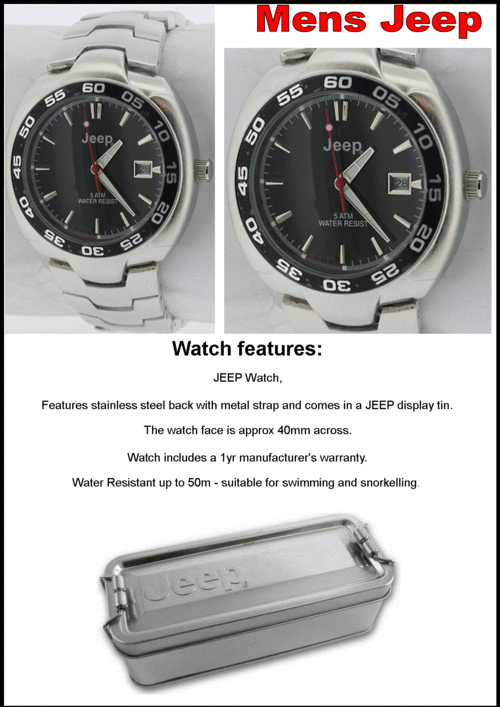 MENS JEEP WATCH 5 ATM CLASSIC metal STRAP - Black face RRP 1395 - EUROPEAN RANGE