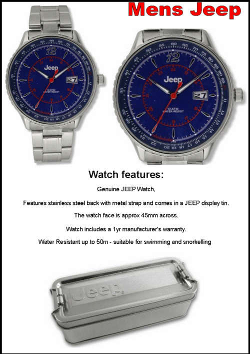 MENS JEEP WATCH 5 ATM DIVE STYLE with metal STRAP - Blue face - NEW EUROPEAN RANGE