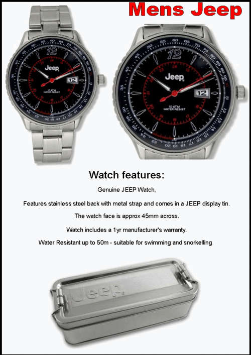 MENS JEEP WATCH 5 ATM DIVE STYLE with metal STRAP - Black face - NEW EUROPEAN RANGE