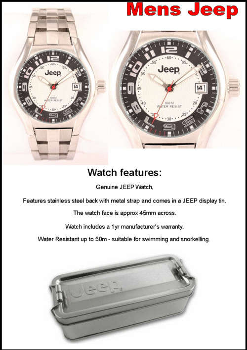MENS JEEP WATCH 5 ATM with metal STRAP - Black and White face - NEW EUROPEAN RANGE