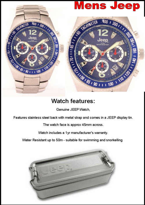 MENS JEEP WATCH 5 ATM CHRONOGRAPH with Metal STRAP - BLUE face - NEW EUROPEAN RANGE