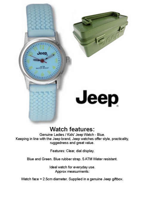 LADIES / KIDS JEEP WATCH - RUBBER STRAP - BLUE PLUS JEEP GIFTBOX