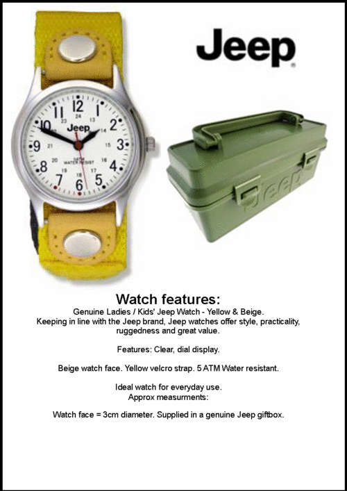 LADIES / KIDS JEEP WATCH - VELCRO STRAP - YELLOW PLUS JEEP GIFTBOX