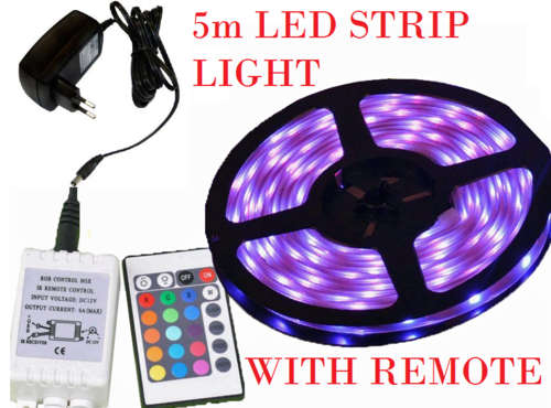 5m LED 12 COLOUR  STRIP LIGHT WITH REMOTE CONTROL + POWER SUPPLY