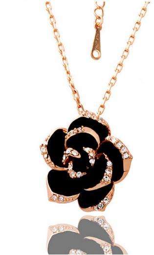 18K Gold Filled Black Rose Swarovski Element Crystal Necklace + Pendant