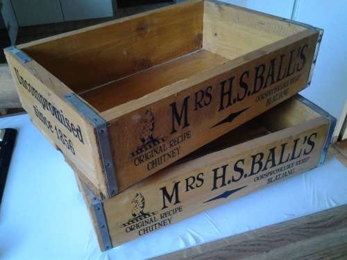 wooden crates Mrs Balls chutney