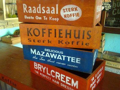 Wooden Boxes/Crates. Afrikaans and English.