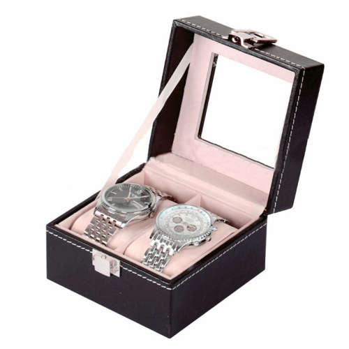 Black 2 Grid PU Leather Watch Display Collection Case Box Jewelry Storage Organizer