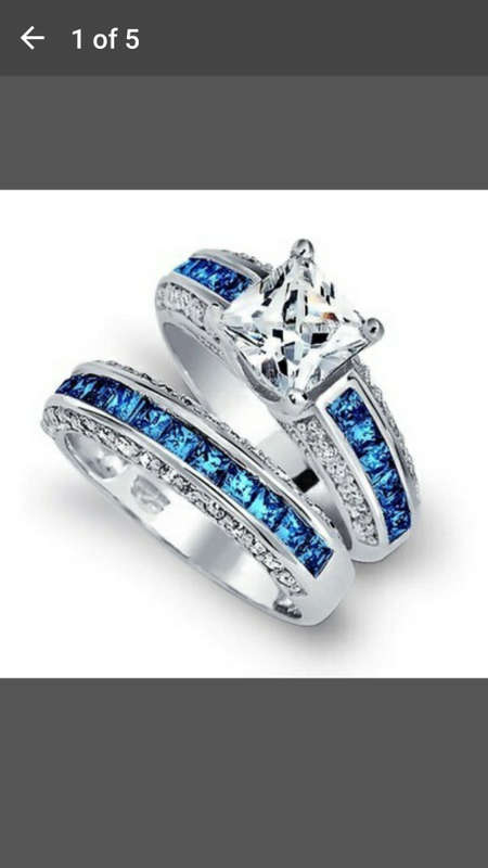 925 Sterling Silver Princess Cut White Sapphire & Blue Topaz Gemstone Wedding - Size 6