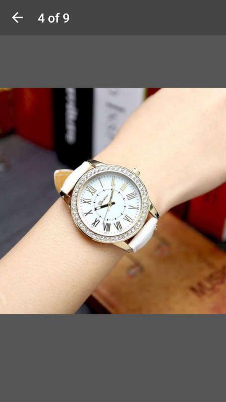 Geneva - Women Rhinestone Analog Leather Quartz Wrist Watch - BEIGE