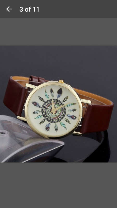 Womens Vintage Feather Dial Leather Band Quartz Analog Unique Wrist Watches - Dark Brown
