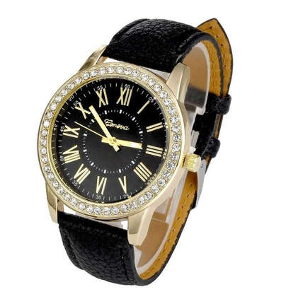 Geneva - Women Rhinestone Analog Leather Quartz Wrist Watch