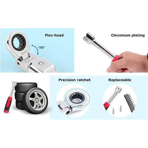 20PCS Elbow Ratchet Wrench Set, Metric Rotary Combination Wrench, with Interchangeable Reducer