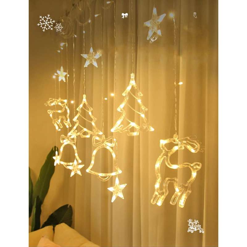 LED Curtain Lights Deer Bells Christmas Tree Stars Fairy String Lights Indoor Wedding Home Wall Deco