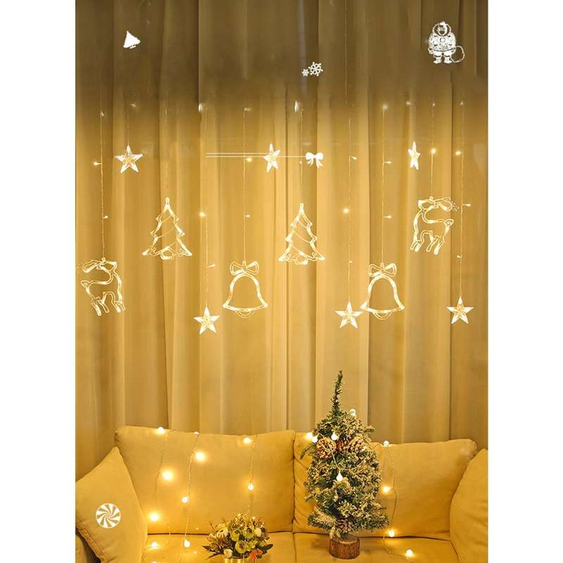 LED Curtain Lights Deer Bells Christmas Tree Stars Fairy String Lights Indoor Wedding Home Wall Deco