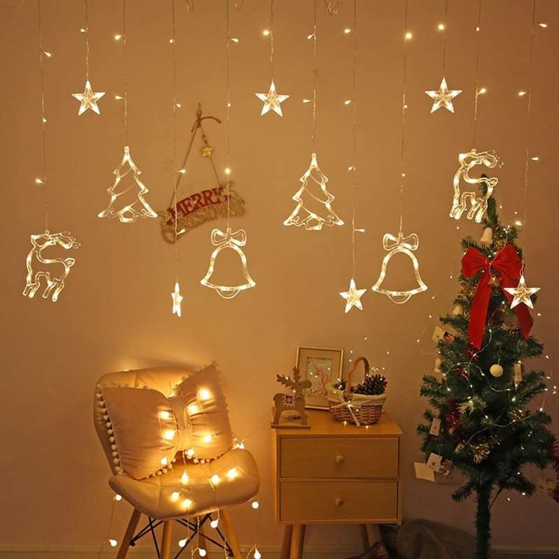 LED Curtain Lights Deer Bells Christmas Tree Stars Fairy String Lights Indoor Wedding Home Wall Deco