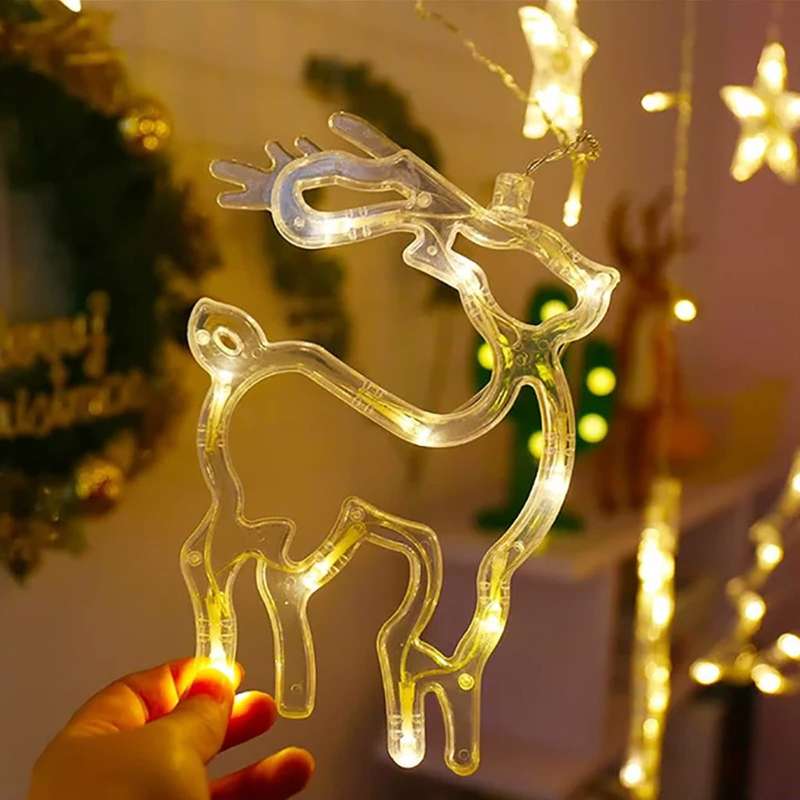 LED Curtain Lights Deer Bells Christmas Tree Stars Fairy String Lights Indoor Wedding Home Wall Deco