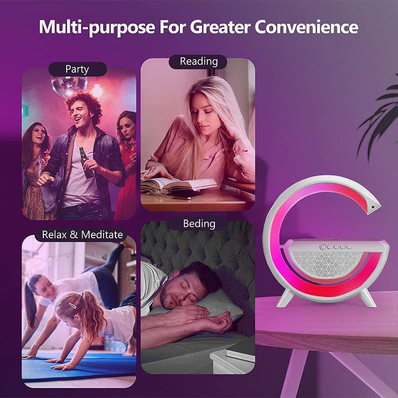 G Shape Bluetooth Speaker with FM Radio, Ambient Light Stand, Night Radio Music Sync Fast Charging 7