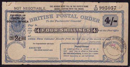 British Postal Order overprinted for use in SA and used in SOUTH WEST AFRICA (Otjiwarongo)  RARE!!!