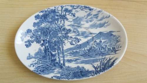 Blue & White Countryside Enoch Wedgwood Tunstall Gravy Dish Plate, Made in England