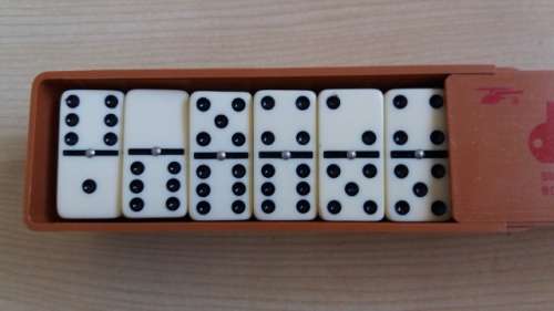 Vintage Double Six Dominoes All Urea Pieces with Metal Spin