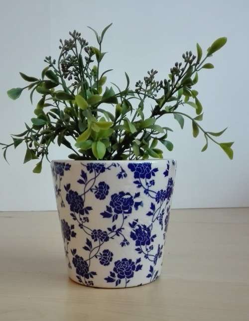 Blue & White Plant Pot/Planter with Artificial Plant