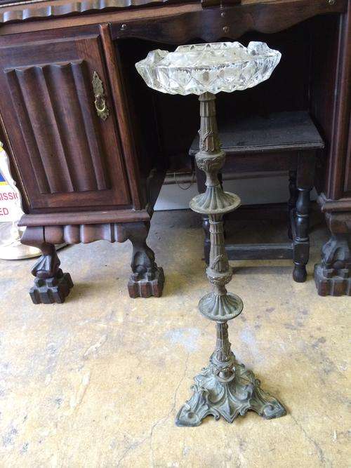 Metal Ashtray Stand with Cut Glass ashtray