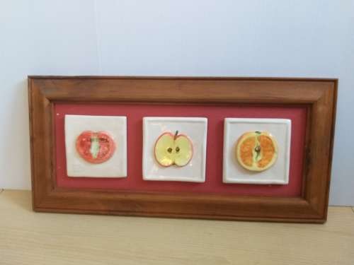 Wooden Frame with 3 Ceramic Fruit Tiles