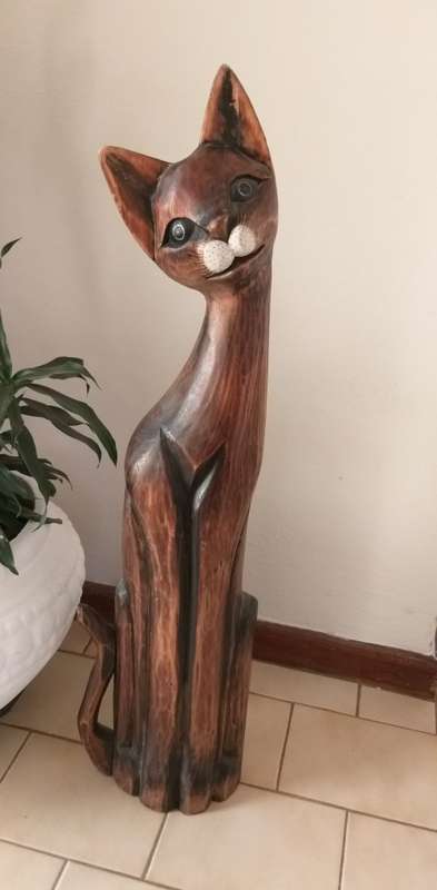 Large Wooden Cat Figurine