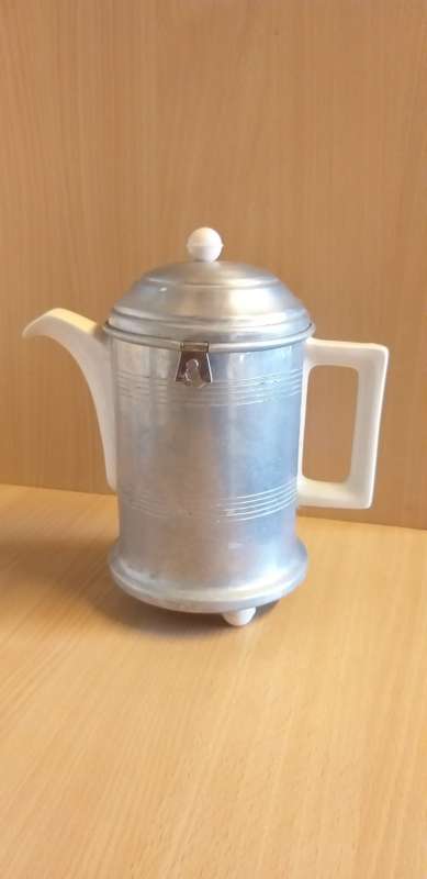 Vintage Jury Cozy White Porcelain Coffee Pot, Metal Insulated