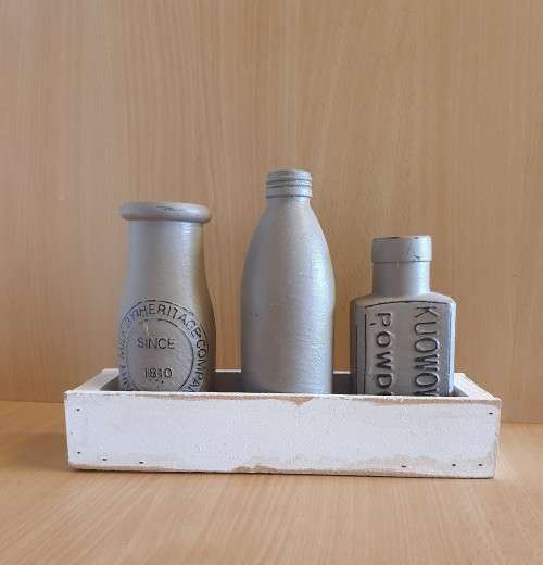 Set of 3 Painted Bottles in a Wooden Holder