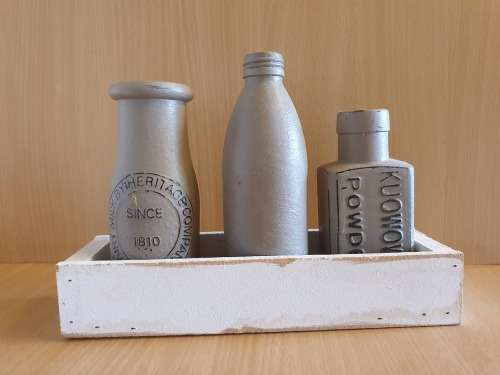Set of 3 Painted Bottles in a Wooden Holder