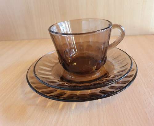 Vintage Contuff Toughened Glassware Smoky Grey Glass Trio - Teacup & saucer & plate
