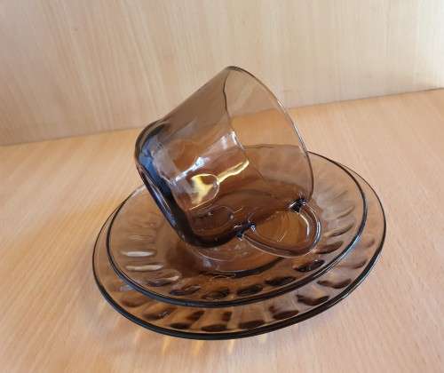 Vintage Contuff Toughened Glassware Smoky Grey Glass Trio - Teacup & saucer & plate