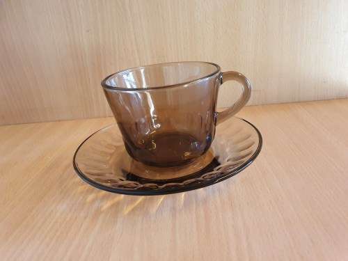 Vintage Contuff Toughened Glassware Smoky Grey Glass Teacup & Saucer (17 available at R25 each)