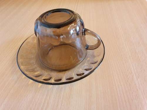 Vintage Contuff Toughened Glassware Smoky Grey Glass Teacup & Saucer (17 available at R25 each)
