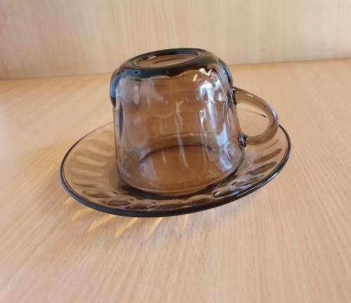 Vintage Contuff Toughened Glassware Smoky Grey Glass Teacup & Saucer (17 available at R25 each)