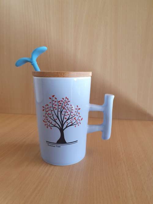 Blue Ceramic Mug with Wooden Lid & Silicone Spoon