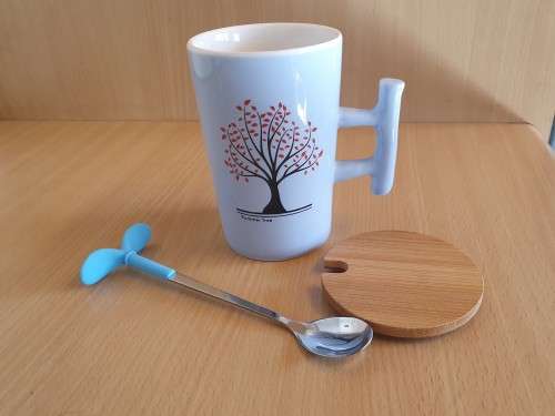 Blue Ceramic Mug with Wooden Lid & Silicone Spoon
