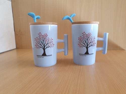 Blue Ceramic Mug with Wooden Lid & Silicone Spoon