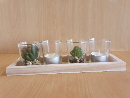 Set of 4 Glass Holders (Glass Tealight Candle Holders with Faux Succulents on a Wooden Tray