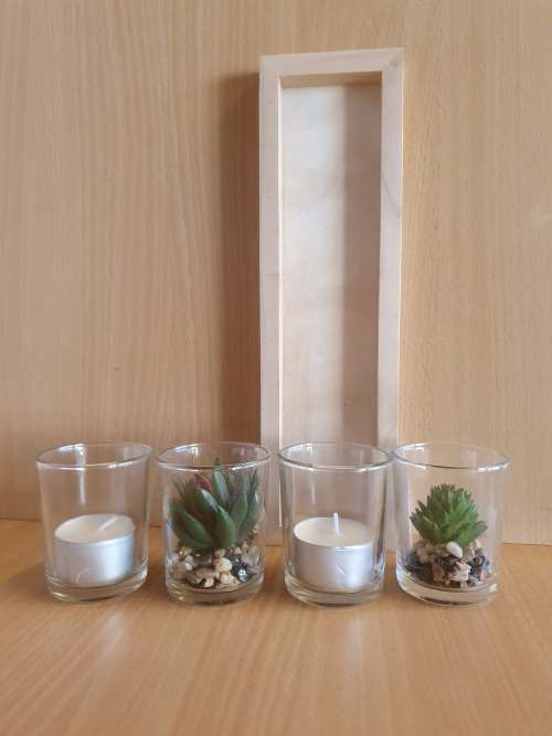 Set of 4 Glass Holders (Glass Tealight Candle Holders with Faux Succulents on a Wooden Tray