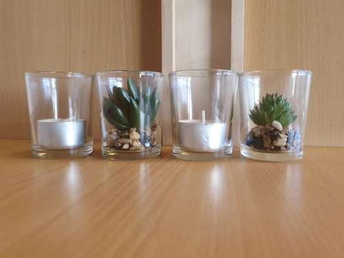 Set of 4 Glass Holders (Glass Tealight Candle Holders with Faux Succulents on a Wooden Tray