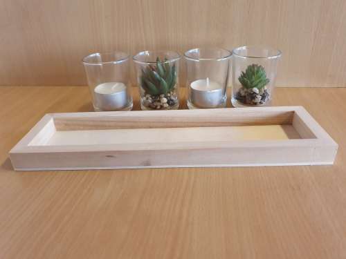 Set of 4 Glass Holders (Glass Tealight Candle Holders with Faux Succulents on a Wooden Tray