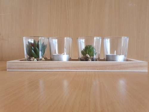 Set of 4 Glass Holders (Glass Tealight Candle Holders with Faux Succulents on a Wooden Tray