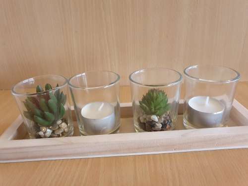 Set of 4 Glass Holders (Glass Tealight Candle Holders with Faux Succulents on a Wooden Tray