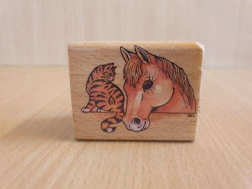 Cat & Horse Wooden Rubber Stamp - 5cm x 4cm