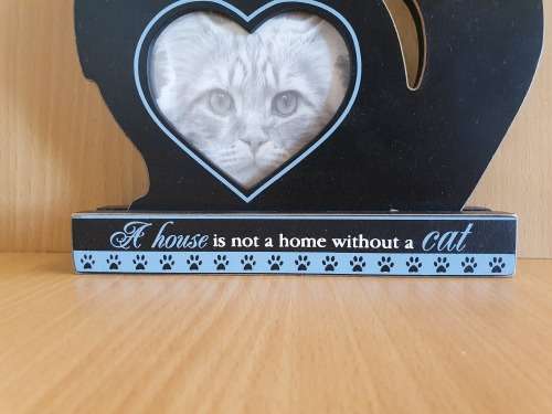 Wooden Cat Figurine Photo Frame - `A House is Not a Home without a Cat`