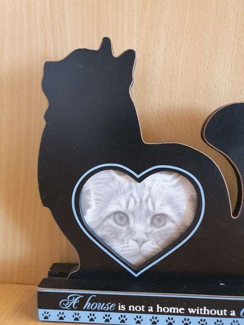 Wooden Cat Figurine Photo Frame - `A House is Not a Home without a Cat`
